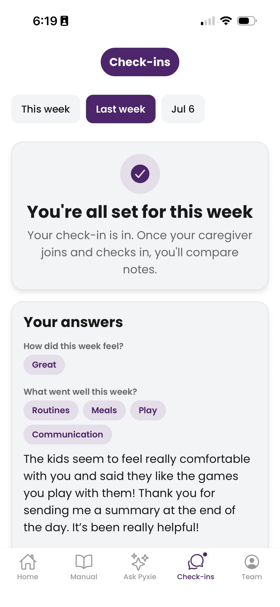 Pyxie app screenshot of weekly check-ins where parents and caregivers compare notes