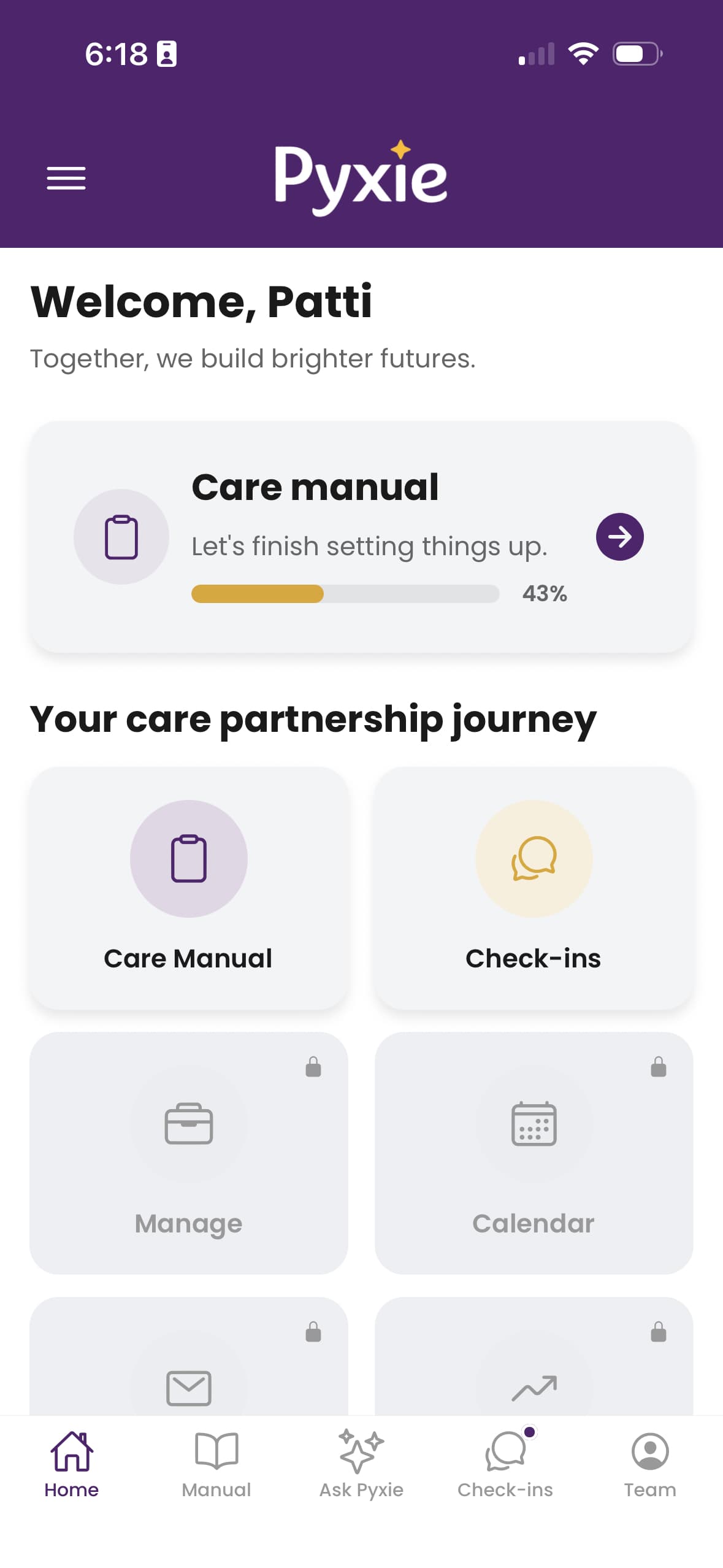 Pyxie app screenshot of the home screen showing the care partnership journey