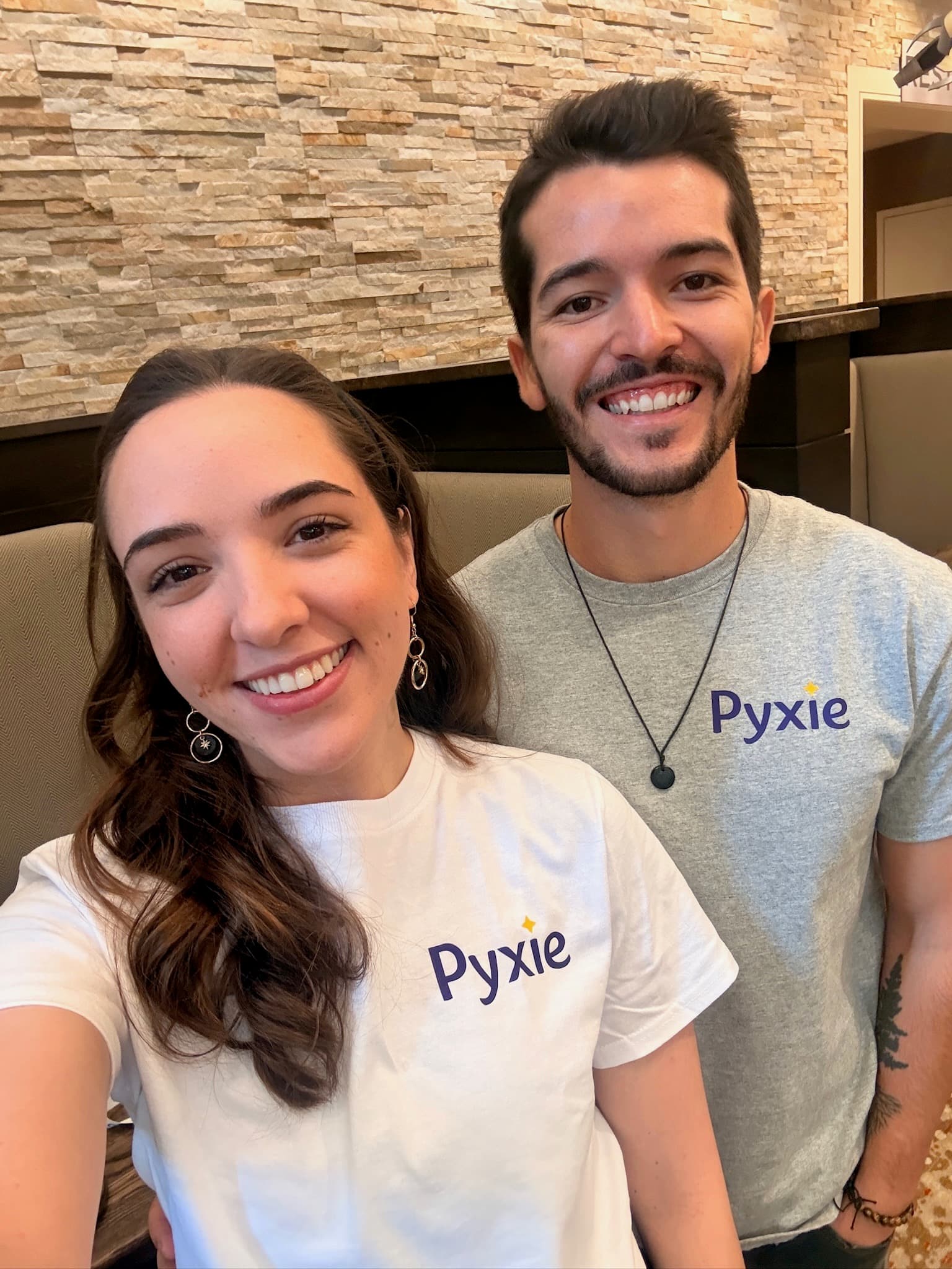 Jenna Winocur and Evan Austin wearing Pyxie t-shirts.